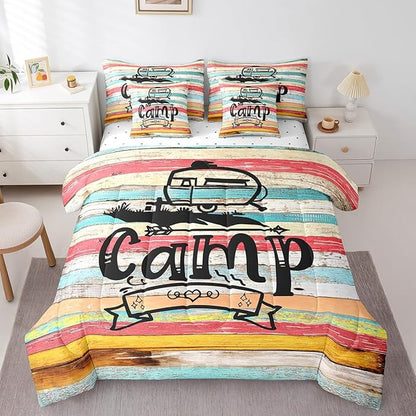King Size 7-Piece Camping Comforter Set Bed in a Bag for Rv & Camper Lovers - 1 Comforter, 1 Flat Sheet, 2 Pillowcases & 2 Throw Pillow Covers