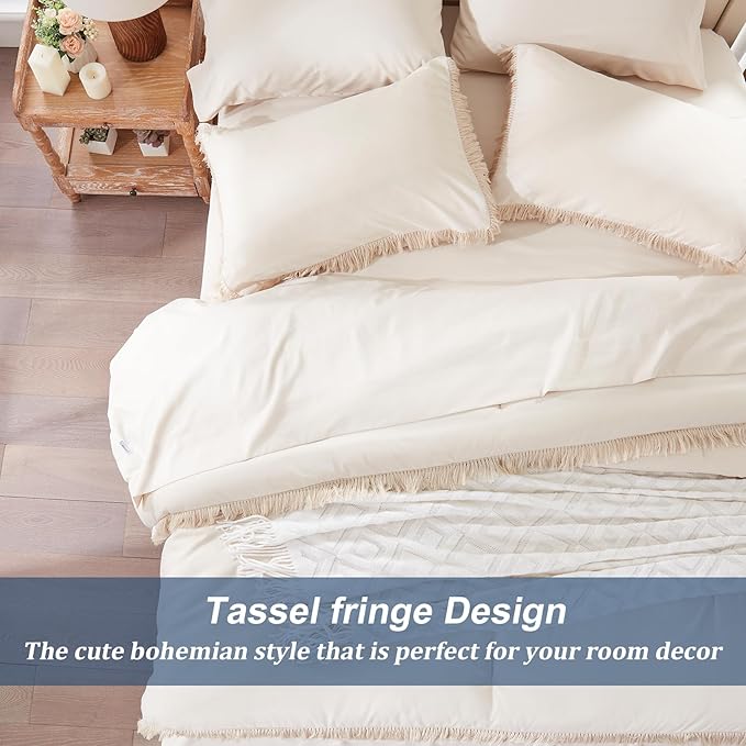 Anluoer Queen Boho Comforter Set 7 Piece with Tassel Lightweight Soft Fringe Bedding Sets with 1 Comforter, 2 PillowShams, 2 Pillowcases, 1 Flat Sheet, 1 Fitted Sheet in Beige