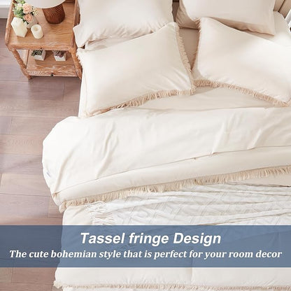 Anluoer Queen Boho Comforter Set 7 Piece with Tassel Lightweight Soft Fringe Bedding Sets with 1 Comforter, 2 PillowShams, 2 Pillowcases, 1 Flat Sheet, 1 Fitted Sheet in Beige