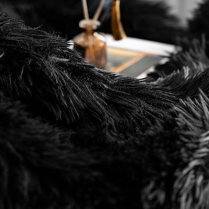 JONIYEAR Extra Large Decorative Fluffy Faux Fur Blanket Queen Size 80" x 90", Soft Luxury Lightweight Furry Blankets, Solid Cozy Shaggy Plush Thick Warm Fuzzy Blankets for Winter Bed Couch, Black
