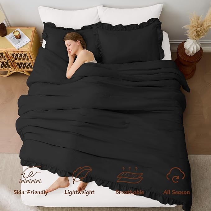 FUANNA Queen Comforter Set Black, 3 Pieces Ruffle Queen Bed Set, Fluffy Bed in a Bag Queen for All Seasons, Shabby Chic Bedding Comforter Sets with 1 Lightweight Comforter & 2 Pillowshams