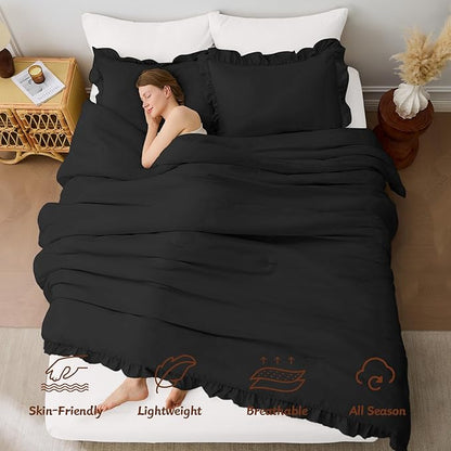 FUANNA King Size Comforter Set Black, 3 Pieces Ruffle King Bedding Set, Fluffy Farmhouse Bed in a Bag King with 1 Lightweight Comforter & 2 Pillowshams