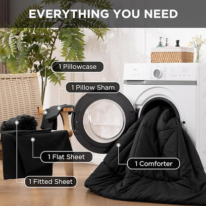 5 Pieces Twin Comforter Set - Utral Soft Microfiber Bedding Set, Thick Duvet Insert Bed in a Bag Without Rustling Noise for All Season, Black (68"x88")