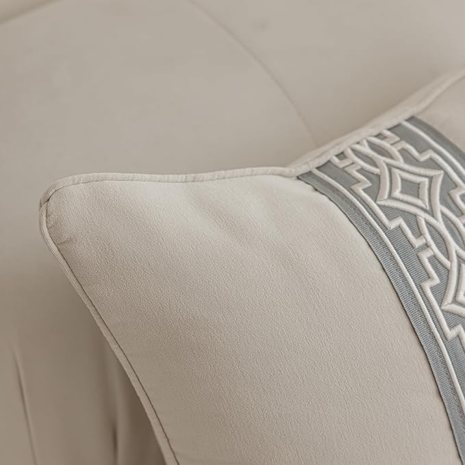 Throw Pillow Covers with Insert Included, with Embroidered Detail, 18 x 18 inches, Decorative Throw Pillow for Sofa Couch Bed (Ivory (Gray Trim), 18" L x 18" W)