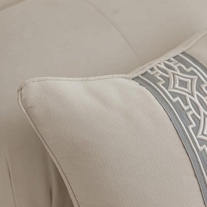 Throw Pillow Covers with Insert Included, with Embroidered Detail, 18 x 18 inches, Decorative Throw Pillow for Sofa Couch Bed (Ivory (Gray Trim), 18" L x 18" W)