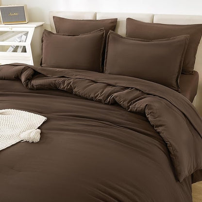 Litanika Full Size Comforter Sets Brown - 7 Pieces Bed in a Bag Full Bedding Comforter Sets, Solid Lightweight Bed Set with Comforter, Sheets, Pillowcases & Shams