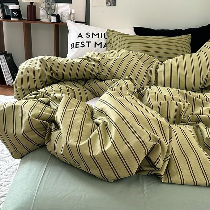 mixinni Vintage Mid-Century Striped Comforter Set King - 3 Pieces 1 Fluffy Comforter&2 Pillowcases, Olive Green & Dark Brown Retro Striped Bed Set, All Season Lightweight & Breathable-King Size