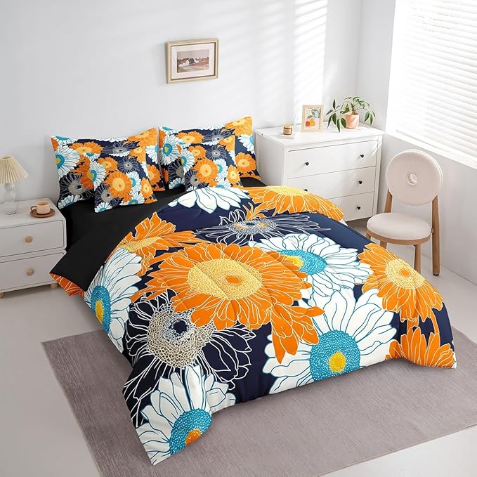Feelyou Flower Comforter Set Queen Size 7 Pieces Daisy Bedding Set for All Season Botanical Floral Print Rustic Farmhouse Country Bed in a Bag with Comforter, Sheets, Pillowcases & Cushion Cover