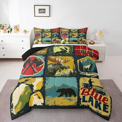 Hunting Bear Comforter Set, Rustic Farmhouse Bedding Sets for Kids Teens Adult Cabin Lodge Decor, Vintage Woodland Wildlife Moose Down Comforter, Retro Buffalo Plaid Quilted Duvet, Yellow Red, Twin