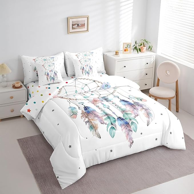 Bohemian Dreamcatcher Bedding Comforter Sets 7pcs Hippie Boho Dream Catcher Bed in a Bag, White Twin Bedding Sets Tribal Nordic Feathers Comforter Set, Exotic Style Ethnic Bedding Sets & Collections