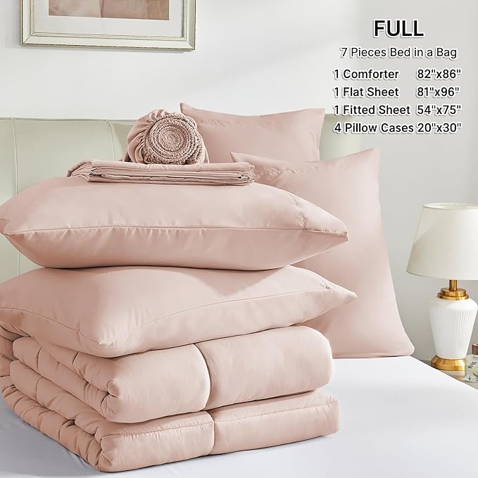 SunStyle Home Pink Full Size Comforter Sets - 7 Pieces Bed in a Bag, Lightweight Goose Down Alternative Bedding Sets with All Season Comforter, 1 Flat Sheet, 1 Fitted Sheet, 4 Pillowcases