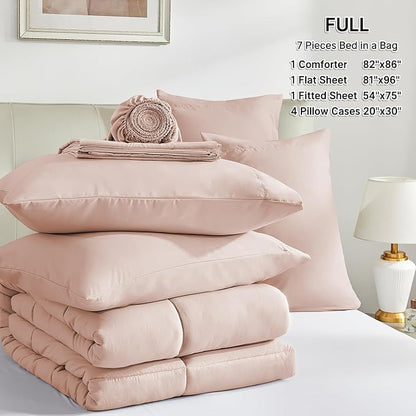 SunStyle Home Pink Full Size Comforter Sets - 7 Pieces Bed in a Bag, Lightweight Goose Down Alternative Bedding Sets with All Season Comforter, 1 Flat Sheet, 1 Fitted Sheet, 4 Pillowcases