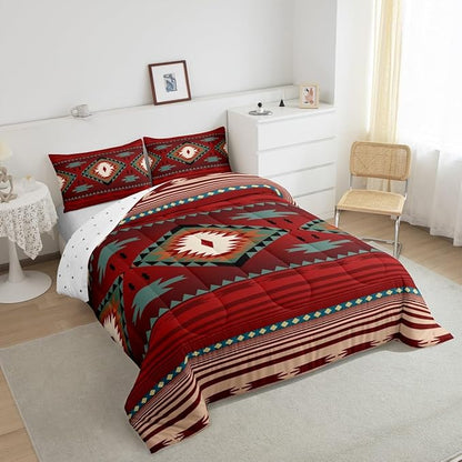 Feelyou Red Rustic Western Comforter Set Southwest Native Tribal Toddler Size Bedding Set for Kids Boys Girls Geometric Boho Comforter Soft Microfiber West Bedroom Decor