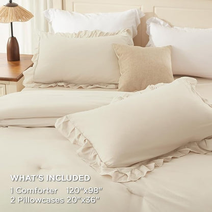 Andency Oversized King Ruffle Comforter Set, 3 Pieces Shabby Chic Farmhouse Bedding Set, Lightweight Soft Comforter Set 120x98 for Girls Women (1 Comforter 2 Pillowcases), Beige