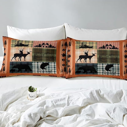 Buffalo Plaid Check Bedding Sets Cabin Camping Decor Bear Elk Deer Comforter For Kids Teens Pink Orange Blue Patchwork Duvet Insert Pike Fish Fishing Quilt Fall Leaves Down Comforter Twin 2Pcs
