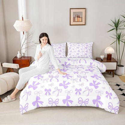 Erosebridal Cute Coquette Bowknot Comforter Set Purple Dreamy Bow King Bedding Set for Girls,Princess Style Kawaii Comforter Sets Purple Watercolor Bow Tie Bed Set for Kids Teen Women