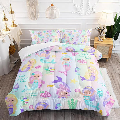 Rainbow Mermaid Comforter Set Twin/Full/Queen Size Fairy Tale Sea Shell Grass Bedding Set Starfish Jellyfish Quilt Bed Set for Kid Girls with 1 Comforter and 2 Pillowcases