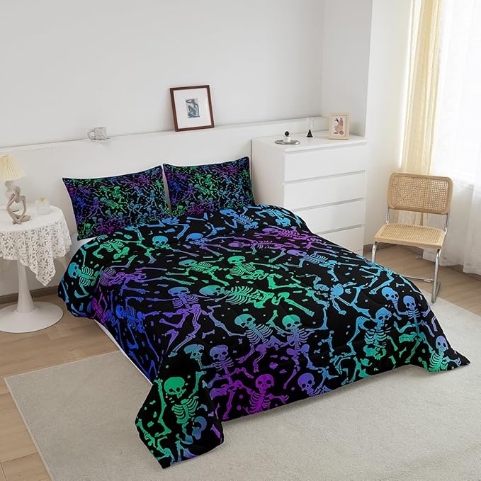Sugar Skull Comforter Set Halloween Bedding Set Queen Size Green Blue Purple Ombre Down Comforter For Kids Boys Girls Skeleton Bones Quilted Duvet Warm Soft Horror Theme Bedroom Decor 3Pcs