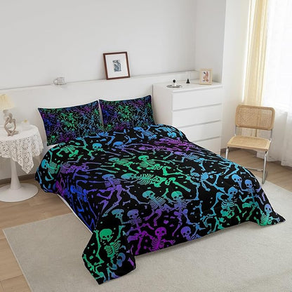 Sugar Skull Comforter Set Halloween Bedding Set Queen Size Green Blue Purple Ombre Down Comforter For Kids Boys Girls Skeleton Bones Quilted Duvet Warm Soft Horror Theme Bedroom Decor 3Pcs