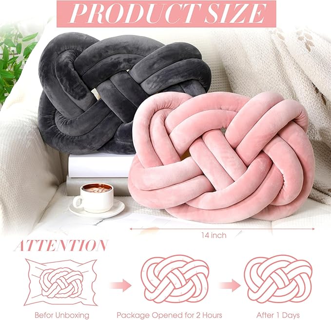 Sintuff Set of 2 Velvet Knot Pillow Ball 14 x 16 Inch Soft Decorative Knotted Throw Pillow for Christmas Thanksgiving Couch Home Sofa Bedroom Decor to Add Comfort and Style(Pink and Gray)