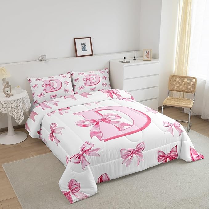 Erosebridal Initial D Letter Comforter Set Toddler Kawaii Princess Bowknot Girls Bedding Set Dreamy Romantic Bow Bedding Comforter Sets Princess Style Bowknot Quilt Duvet for Kids Teen Women