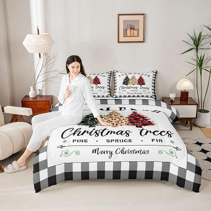 Christmas Tree Comforter Set Queen Size,Black White Geometric Check Bedding 3pcs for Kids Girls Adults Home Winter Room Decor,Red Green Leopard Pine Quilt Happy New Year Duvet Insert