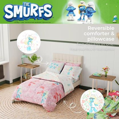 The Smurfs Smurfette Twin Bedding Set – 5 Piece Kids Super Soft Microfiber Reversible Comforter & Sheet Set - Pink, (Officially Licensed Product) by Franco
