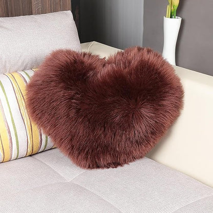 HANDKEI Love Pillow, Heart-Shaped Long Plush, Pink Imitation Wool, Living Room Sofa, Cute Cushion, Bedside Cushion (Brown, 13.77 inch X 17.71 inch)