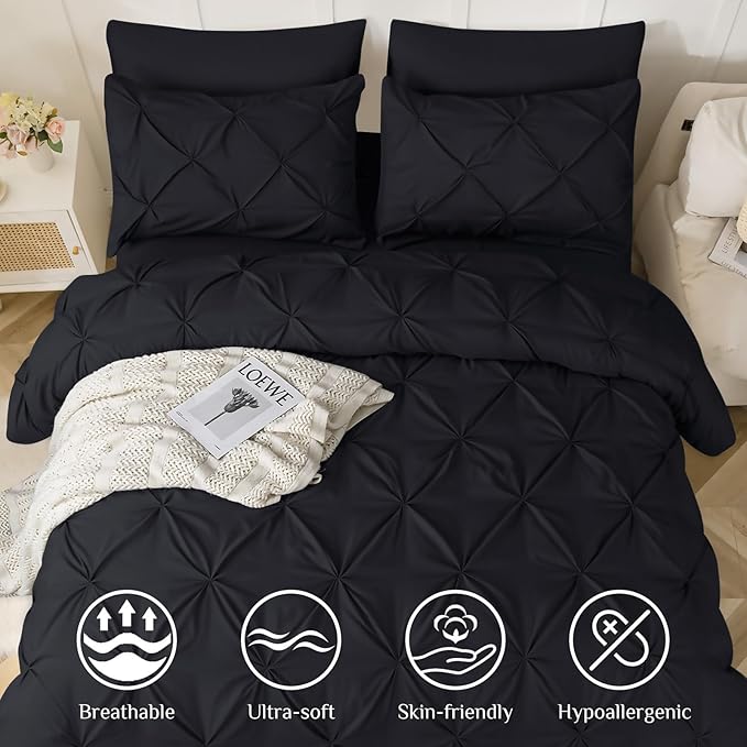 JOLLYVOGUE Full Size Comforter Sets 7 Pieces - Bed in a Bag Full for All Season, Pintuck Bedding Comforter Sets with Comforter, Flat Sheet, Fitted Sheet and Pillowcases & Shams, Black