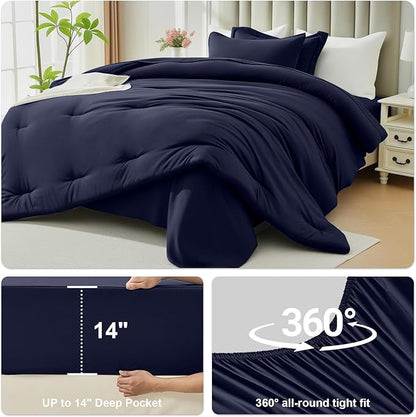 Twin Comforter Set 5 Pieces - Ultra-Soft Bed in a Bag Twin Size, Cozy Luxury All Season Bedding Sets with Comforter, Flat Sheet, Fitted Sheet, 1 Pillow Shams & 1 Pillowcases, Navy Blue