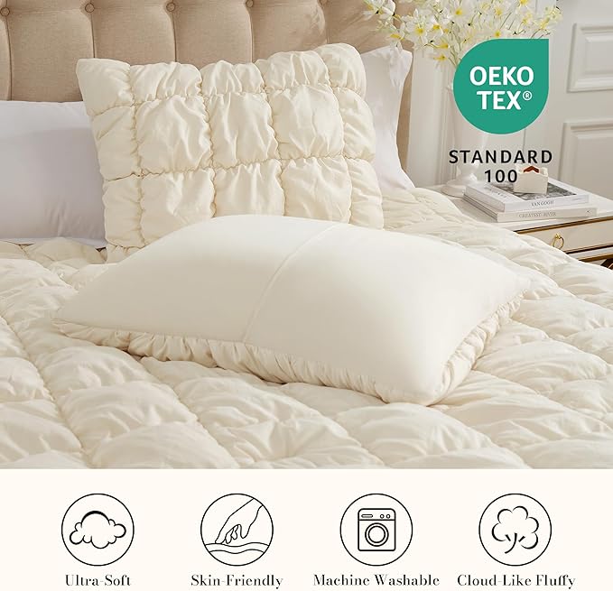 Amélie Home King Comforter Set, 3 Pieces Beige Bubble Bedding Set for All Season, Ultra Soft Cozy Comforter, Farmhouse Luxury Gift for Women Home Decor