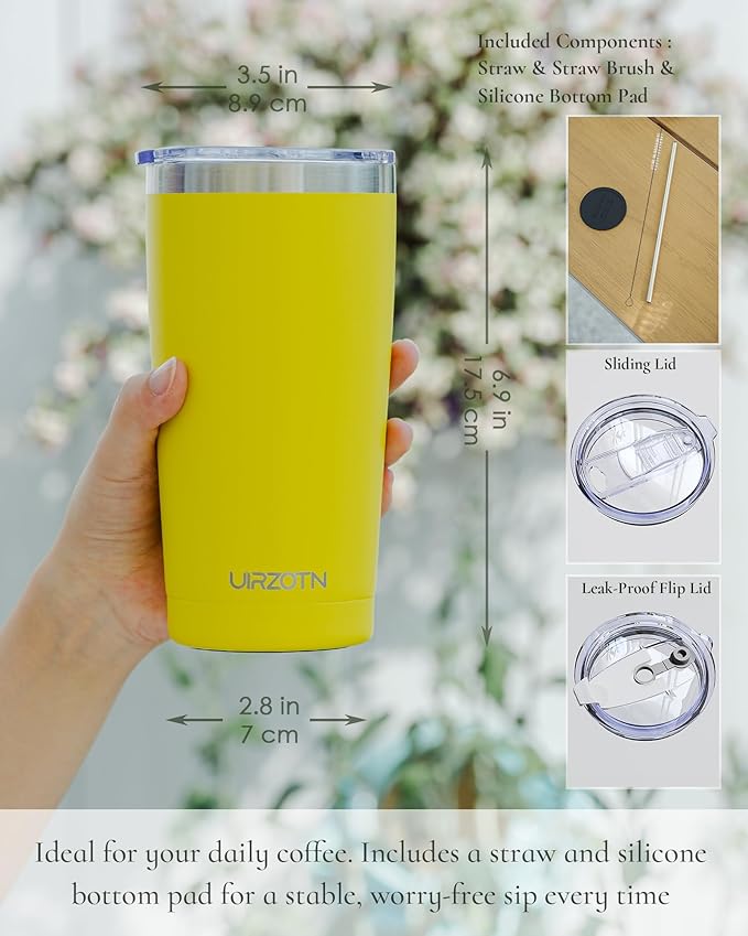 Travel Coffee Tumbler 20oz, Leakproof Travel Coffee Mug with Dual Lids and Straw, Stainless Steel Double Wall Vacuum Insulated Tumbler for Hot/Iced Drinks (Yellow, Textured Matte)