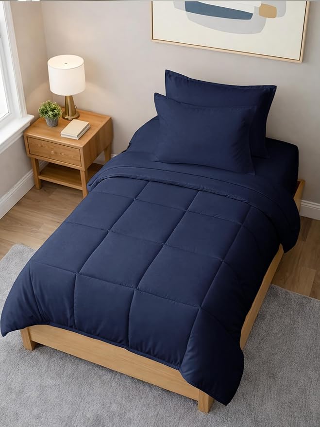Twin XL Comforter Set - 5 Piece Bed in a Bag Twin XL Size Bed Set - Down Alternative Comforter, Flat Sheet, Fitted Sheet, Pillowcase & Sham for All Seasons - Ultra Soft, Comfy and Breathable - Navy