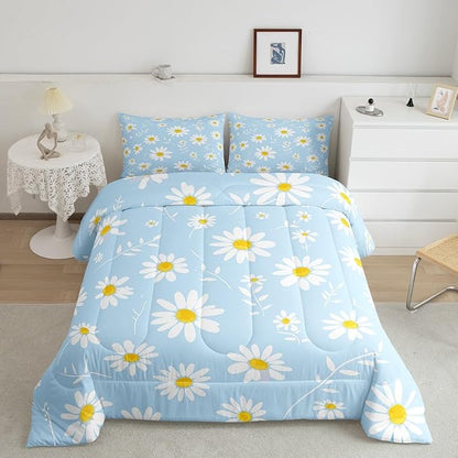 Manfei Daisy Comforter Set King Size, White Flower Leaves Bedding Set 3pcs for Kids Boys Girls Bedroom Decor, Botanical Garden Artwork Quilt Set Soft Polyester Duvet Set with 2 Pillowcases