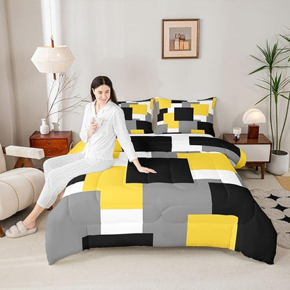Castle Fairy Yellow Black Grey Comforter Set Toddler Size,Geometric Square Splicing Bedding Set for Kids Teens Bedroom,Modern Abstract Down Comforter,2 Pcs 1 Pillowcase