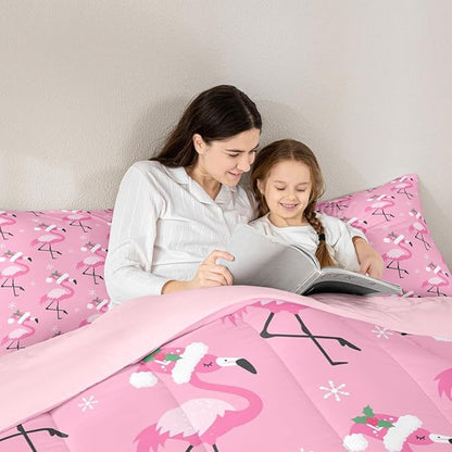 Merry Christmas Pink Bed Comforter Set Queen Size,Red Birds Wild Animal Super Soft Microfiber Bedding Set for Adults Teens,Flamingo Comforter Set,2 Pillowcases