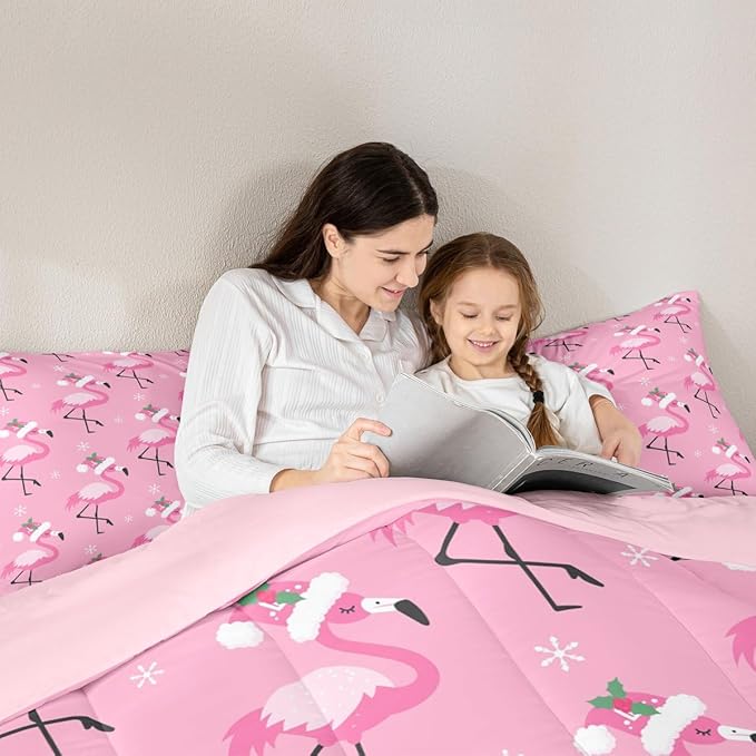 Red Birds Wild Animal Boys Girls Comforter Set Full Size,Flamingo Duvet Set Teens Bedroom Decor,Merry Christmas Pink Microfiber Soft Bedding
