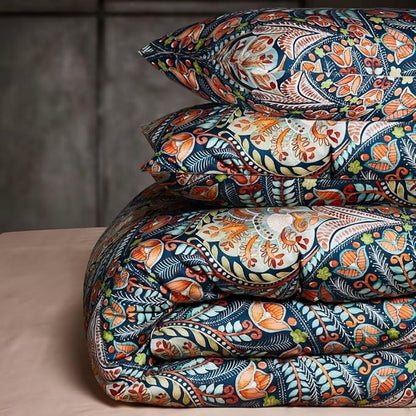 MKXI Blue Comforter Set Queen Pink Paisley Patterned Floral Bedding Comforter Set Boho Bed Quilt Summer Comforter 90"x 90"