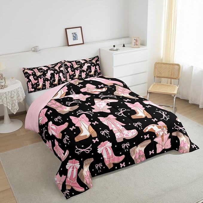 Feelyou Black Pink Western Bedding Set Cowgirl Cowboy Boots Comforter Set for Kids Boys Girls Teens Room Decor Cute Bowknot Dreamy Princess Style Comforter Full Size Girly Duvet Set 3Pcs