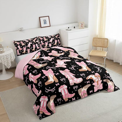 Feelyou Black Pink Western Bedding Set Cowgirl Cowboy Boots Comforter Set for Kids Boys Girls Teens Room Decor Cute Bowknot Dreamy Princess Style Comforter Twin Size Girly Duvet Set 2Pcs