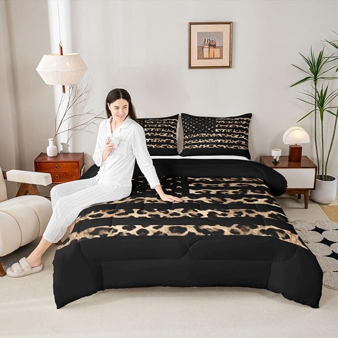 Feelyou American Flag Leopard Kids Comforter Set King Size Hunting Bedding Set Brown Cheetah Print Duvet Quilt for Kids Boys Girls Bedroom Animal Fur Decor Microfiber Ultra Soft Breathable