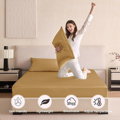 THXSILK 6A+ Top Grade 100% Pure Mulberry Silk Queen Fitted Sheet 3Pcs Set Bed Sheets Luxury Bedding for Hair and Skin Health Oeko-TEX Certified, 1 Fitted Sheet with 2 Pillowcases, Metallic Gold