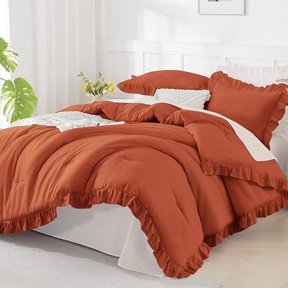 Andency Oversized King Ruffle Comforter Set 120x120, 3 Pieces Terracotta Lightweight Fluffy Super King Bedding Set, Shabby Chic Famhouse All Season Bed Set for Girls Women