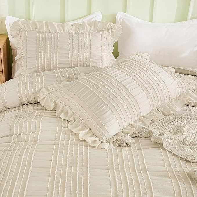 WONGS BEDDING Beige Textured Comforter Set King,3 Pieces Ruffle Farmhouse Shabby Chic Comforter for Queen Bed,Soft Seersucker Boho Bedding Set with 1 Ruffle Comforter,2 Tufted Pillowcases 104"×90"