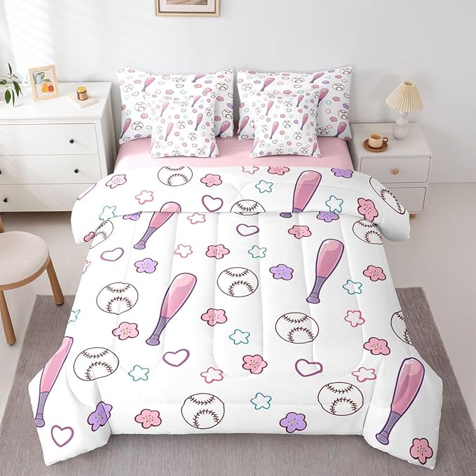 Erosebridal Baseball Bed in A Bag King | Cute Floral Girly 7 Piece Comforter Set Softball Sports Theme Game Sheet Set Breathable Lightweight Athletic Competitive Games Fitted Sheet Reversible