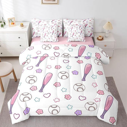 Erosebridal Baseball Bed in A Bag Queen | Cute Floral Girly 7 Piece Comforter Set Softball Sports Theme Game Sheet Set Breathable Lightweight Athletic Competitive Games Fitted Sheet Reversible