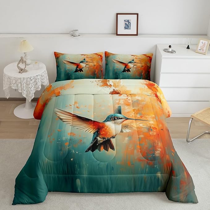 Feelyou Hummingbird Comforter Set Full Size Tropical Birds Comforter Hummingbird Flowers Bedding Set Blossoming Iris Flowers Duvet Set Room Decor Teal Quilt Set