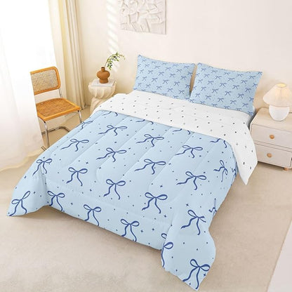 Erosebridal Blue Bow Comforter Set King Size Coquette Bows Bedding Set Trendy Cute Ribbon Bowknot Comforter for Teen Girls Kids Women Bedroom Girly Preppy Princess Quilt Duvet