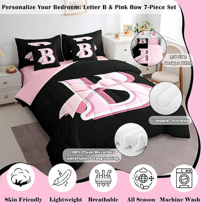 jejeloiu Kids Girls Black Pink Bow Comforter Set with Sheets Queen Size Monogrammed 7 Piece Bedding Set Personalized Initial B Bed in a Bag with Comforter,Sheets,Pillowcases Modern Fashion Bed Set