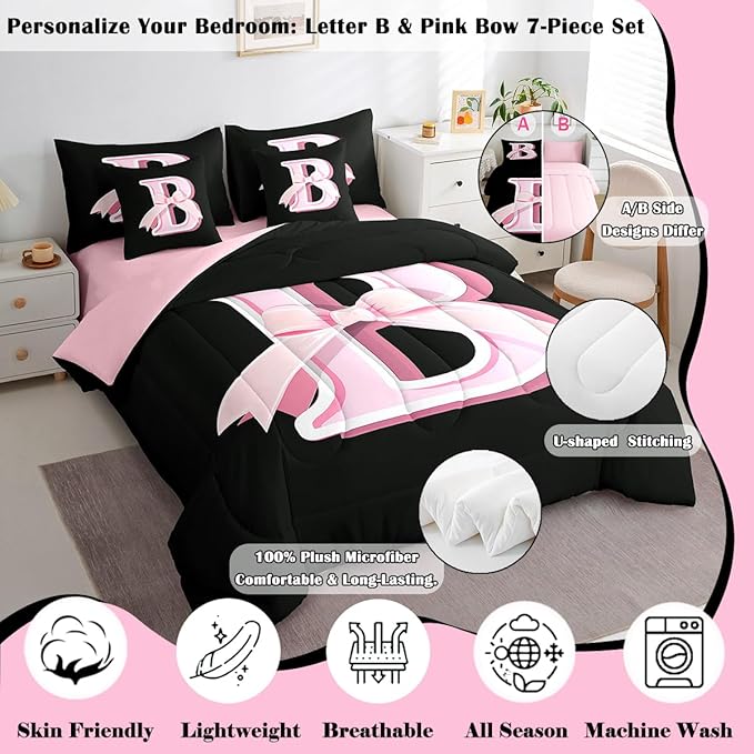 jejeloiu Kids Girls Black Pink Bow Comforter Set with Sheets Full Size Monogrammed 7 Piece Bedding Set Personalized Initial B Bed in a Bag with Comforter,Sheets,Pillowcases Modern Fashion Bed Set